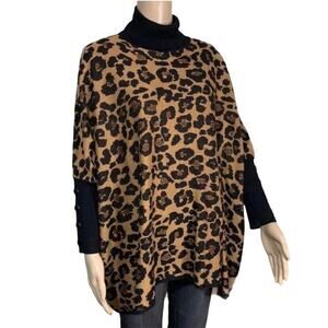 Anne Klein Womens Poncho Sweater Animal Print Turtleneck Pullover Knit XXS